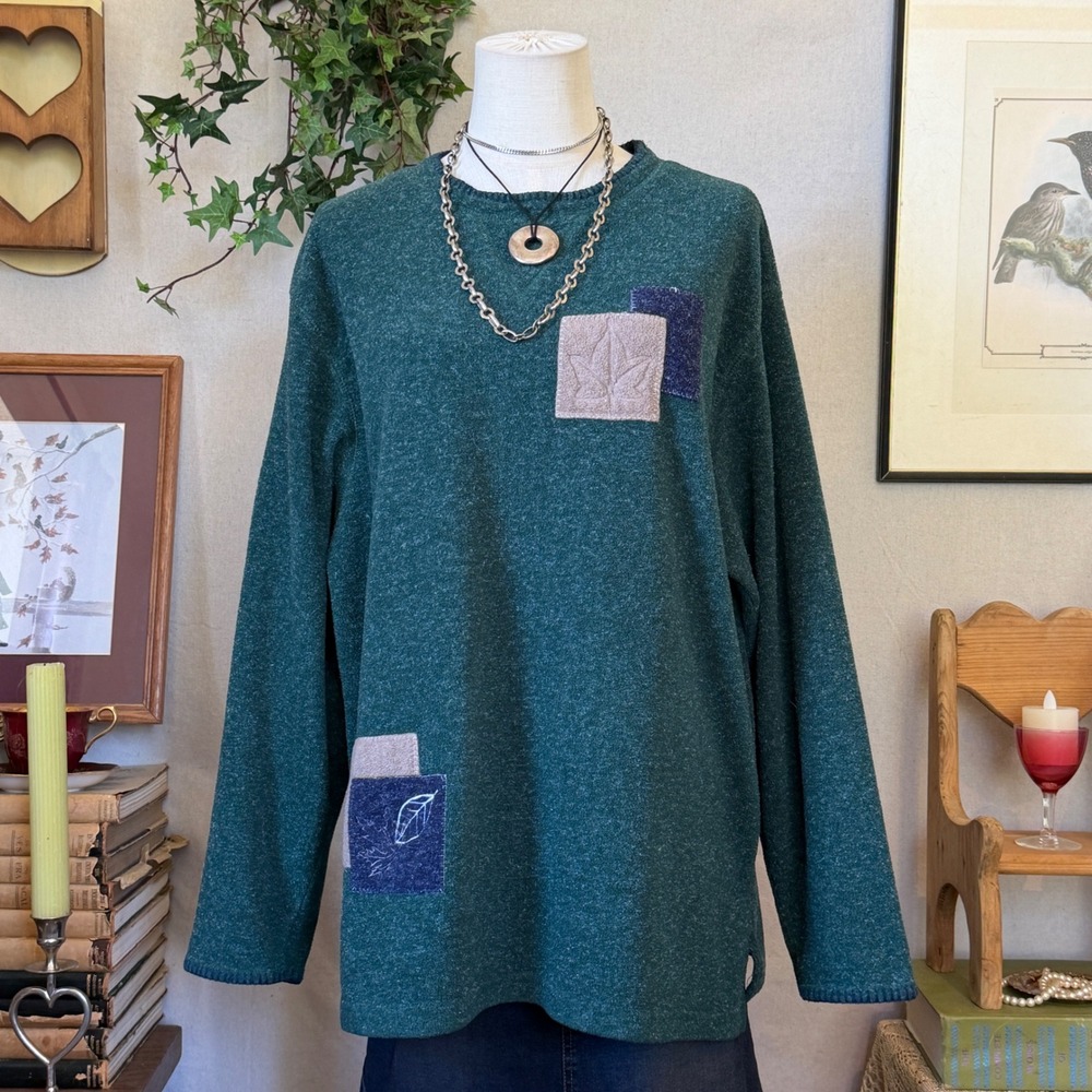 Green Fleece Top Embroidered Patch Granola Boho XL Indie Grunge 90s Leaf Print